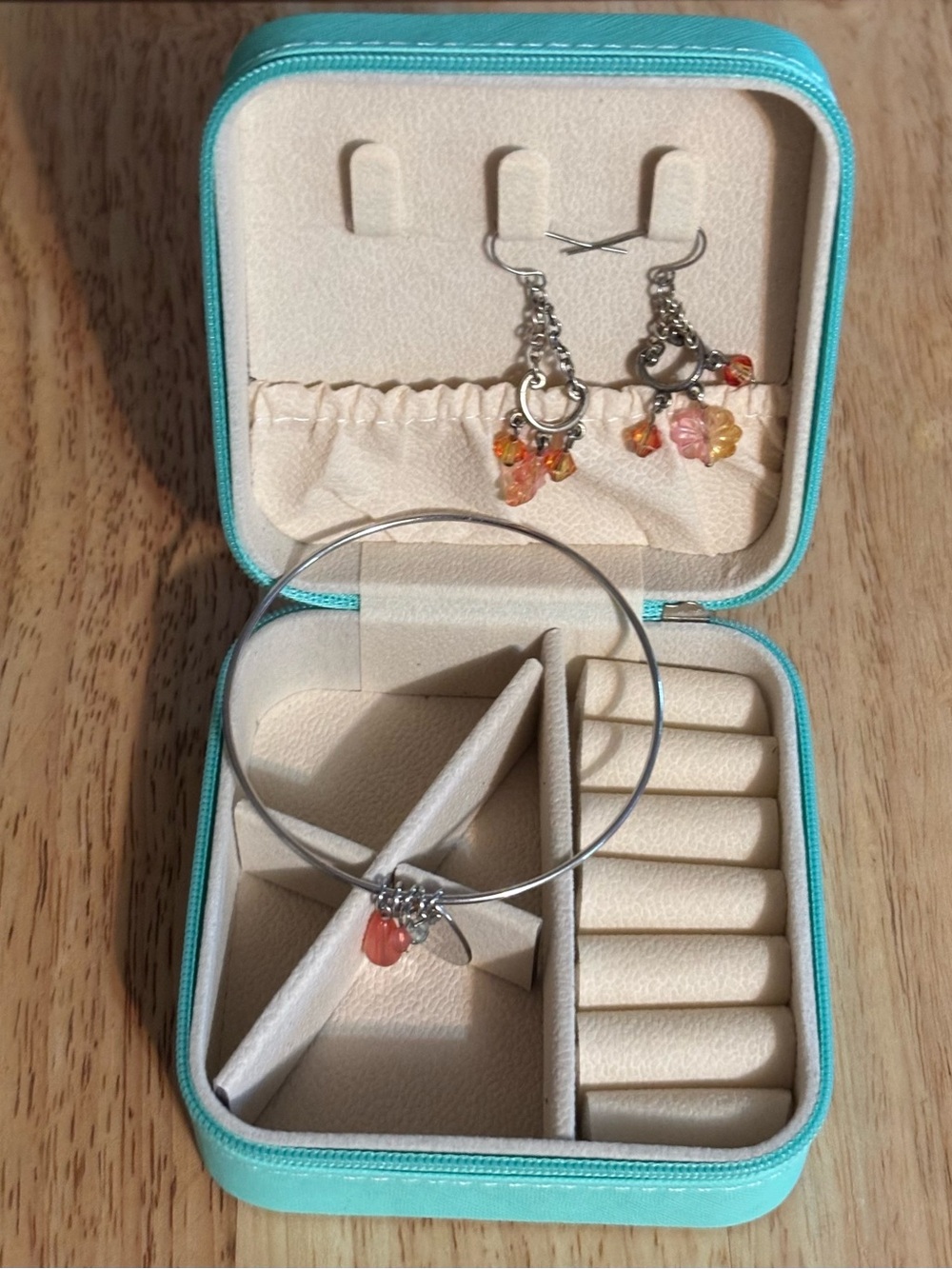 Silver Bangle Bracelet with Coral and Amber Glass Charms - Women Jewelry